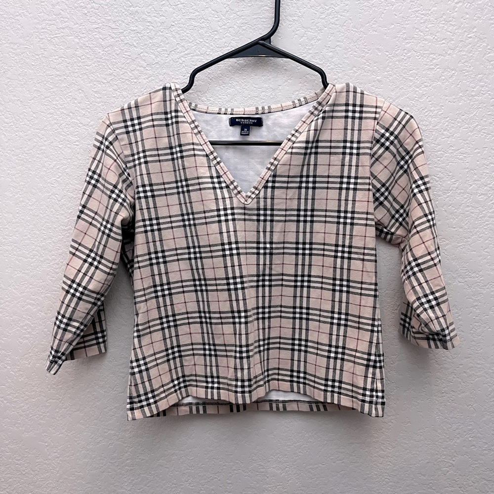 Vintage Burberry Plaid Crop Top 3/4 Sleeve Stretch Size M Fall Fashion 2000s Y2K
